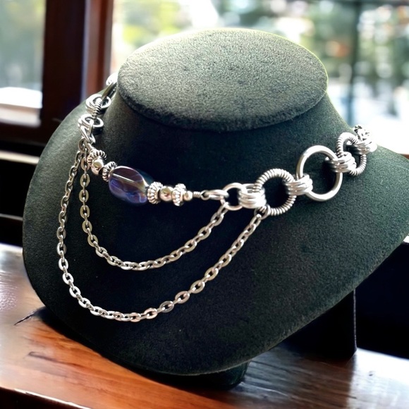 Handmade maille choker necklace blue purple aura crystal stainless steel chain - Picture 9 of 14